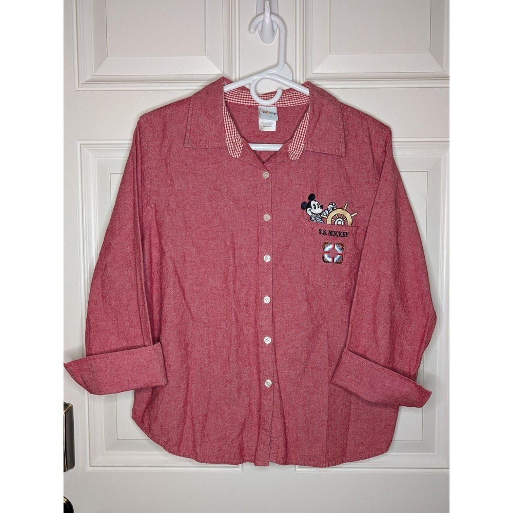 Vintage Disney Shirt Button Women's XL Red Chambray SS Mickey Mouse Embroidered